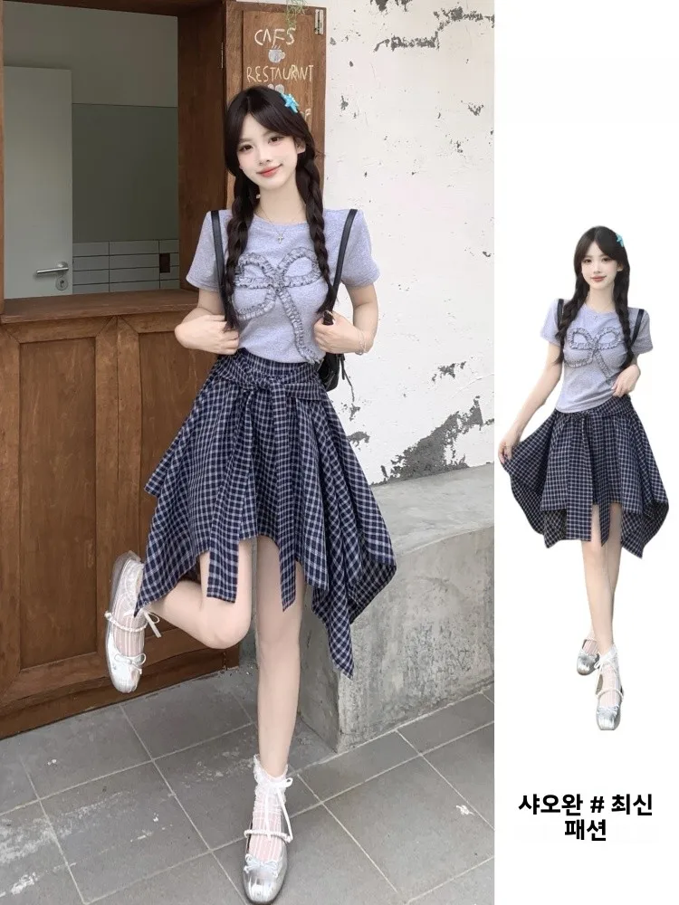 韓国 Sle Knot ort Sve T-irt レディース 不均等チェック柄 f スカート プラスサイズ Faionable 痩身 2 点セット
