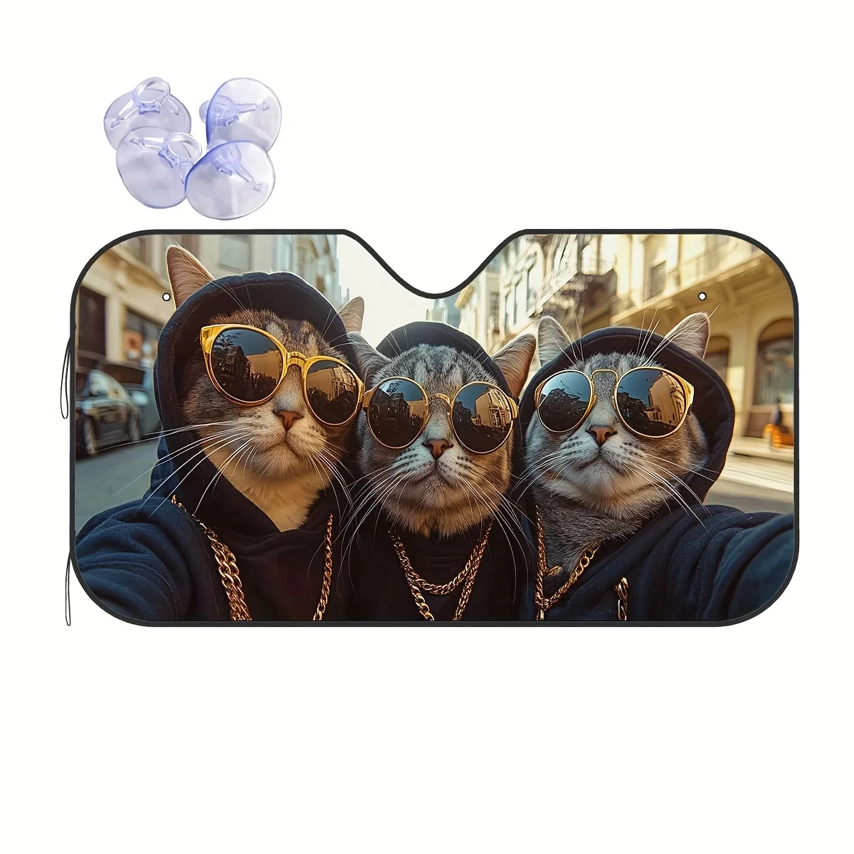 

1pc Hipster Cats Glasses Windshield Sunshade - Stylish Polyester Window Shade With Golden Chain & Glasses Design, UV Protection,