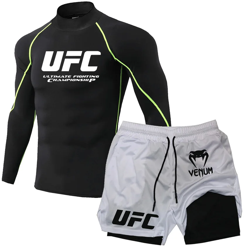 UFC خفيفة الوزن تنفس اللياقة البدنية تي شيرت السراويل الرجال تشغيل الرياضة أعلى السراويل مجموعة التدريب عالية الياقة ضيق كم طويل