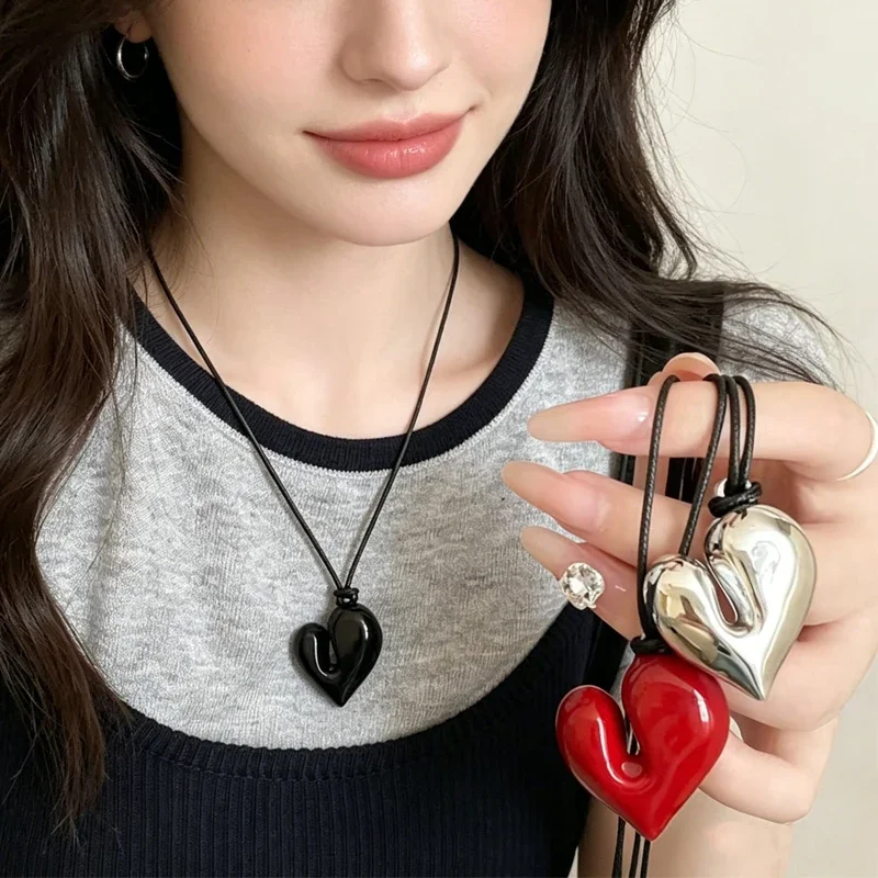 Y2k Love Heart Pendant Necklaces for Women Fashion Adjustable Pull-out Sweater Chain Accessory Jewelry Wholesale