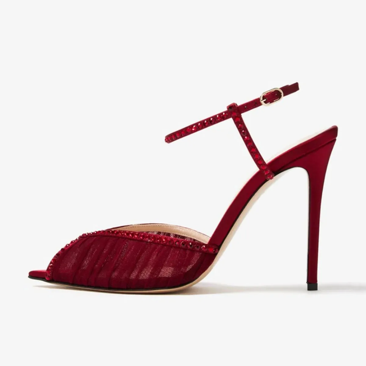 

Arden Furtado Summer Burgundy Mesh Pleated Crystal Peep toe Banquet shoes Pointed toe Super high heel One word buckle Sandals