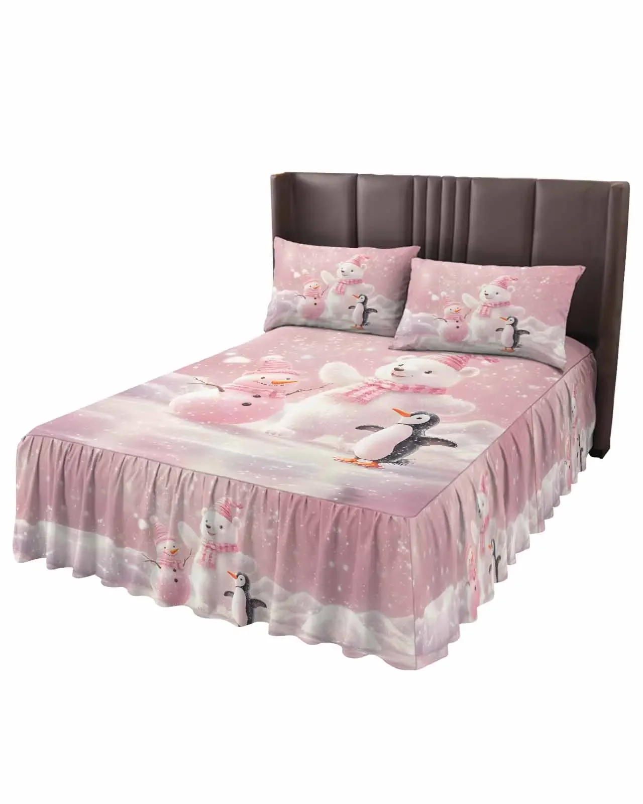 Christmas Pink White Bear Penguin Skirt Elastic Fitted Bedspread With Pillowcases Mattress Cover Bedding Set Bed Sheet