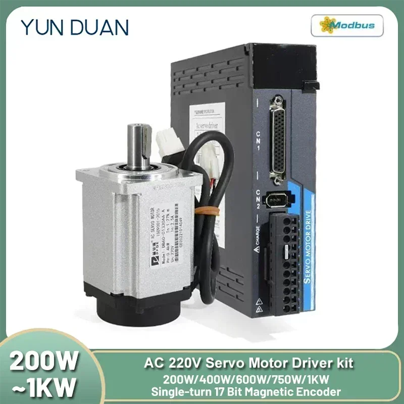200 W/400 W/600 W/750 W/1 kW AC220 V Servomotor-Treiber-Kit, magnetischer 17-Bit-Absolutwertgeber, 60/80 mm Servomotor, RS485, 0,64–3,18 Nm