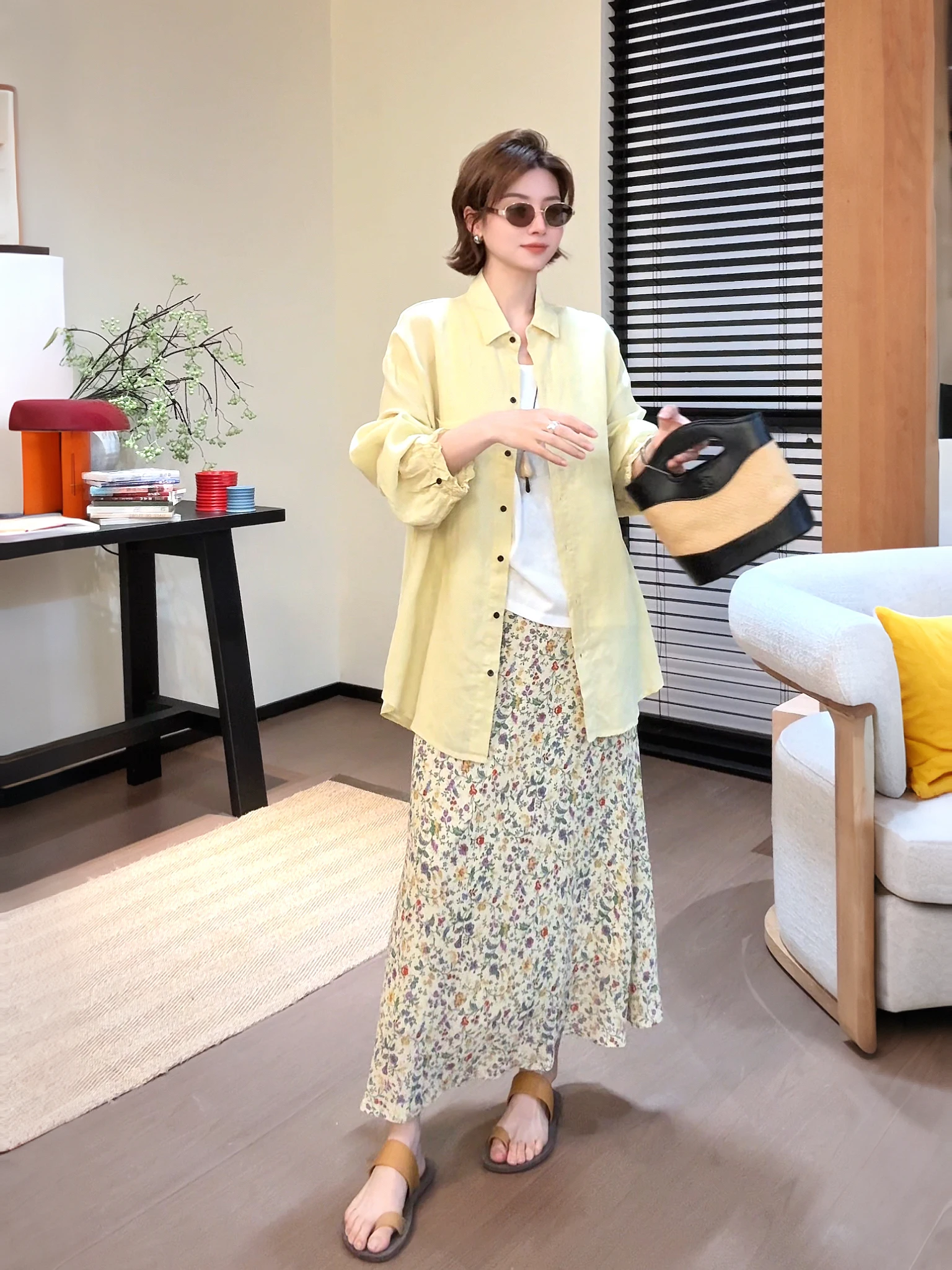 

Spring Summer New Style Floral Print Silk Half Skirt Versatile Floral A-Line Skirt mid Waist Design Sweet Style Ladies Skirt