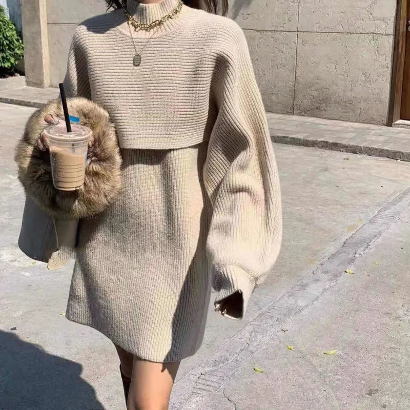 Two-piece Dress Winter Women's Knitted Dress Suit Elegant Fleece Sportswear Autumn Sweater Vest Dress Women's Japanese Style