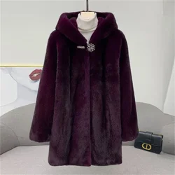 Manteau en Fourrure de Vison pour Femme d'Âge Moyen et Long, Vêtement Chaud à Capuche avec Chapeau, Taille 6XL