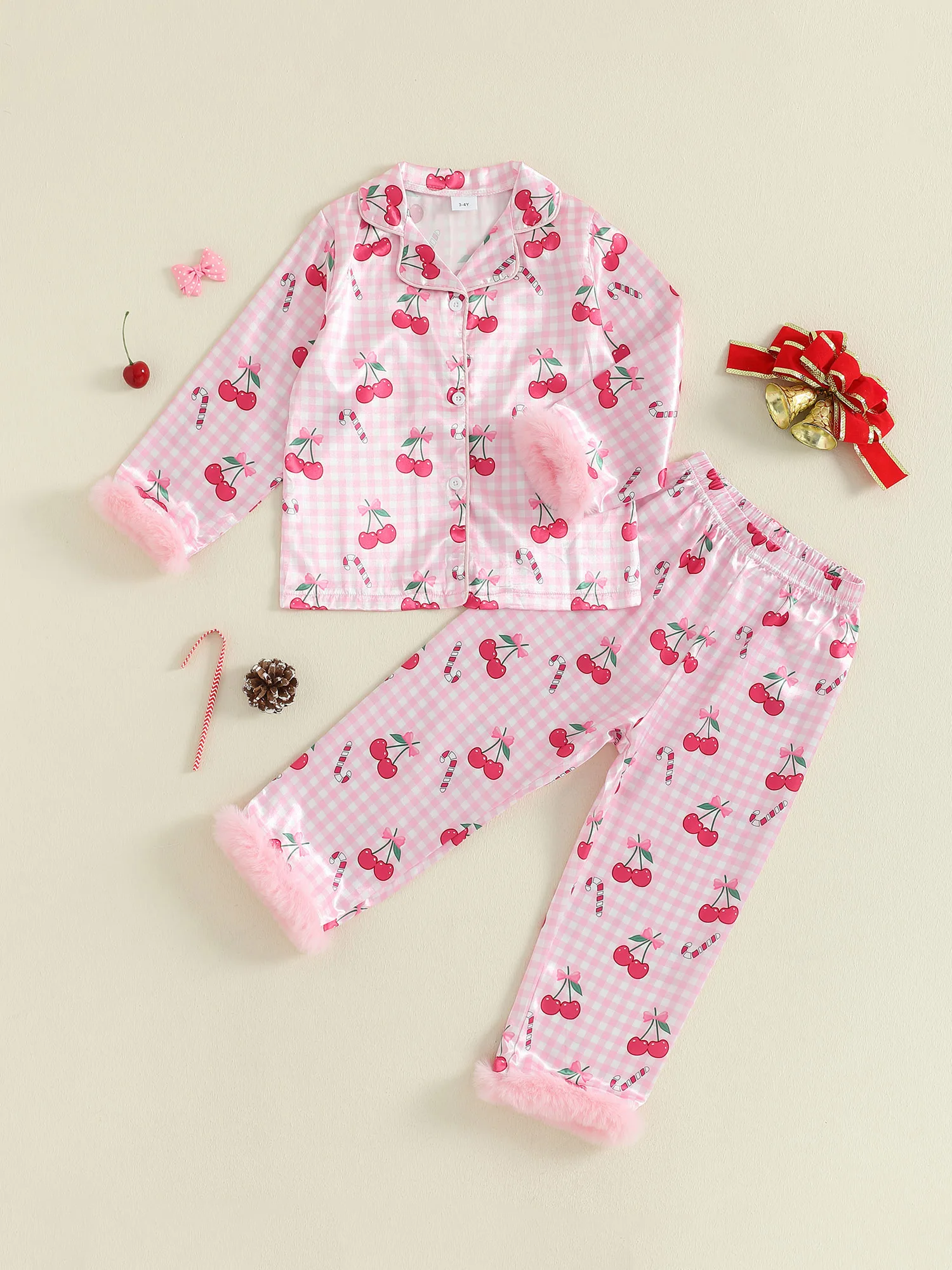 

Women s Christmas Pajama Set with Reindeer Print and Faux Fur Trimmed Sleeves Matching Top and Bottom Sleepwear Set