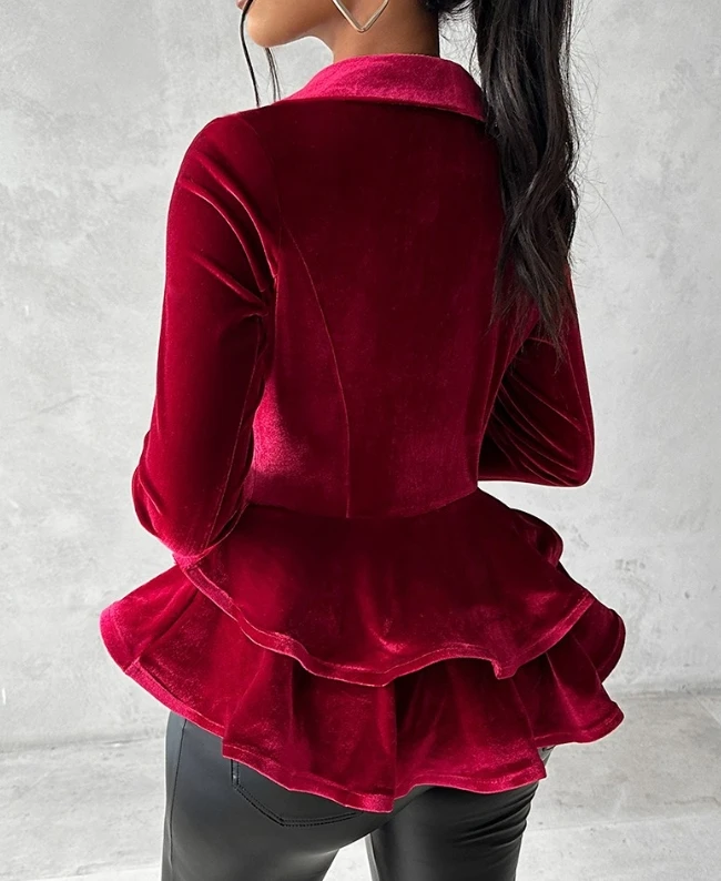 Double Breasted Velvet Ruffle Edge Suit Jacket 2023 New Fashion Hot Selling Women's Autumn and Winter Long Sleeved Outerwear