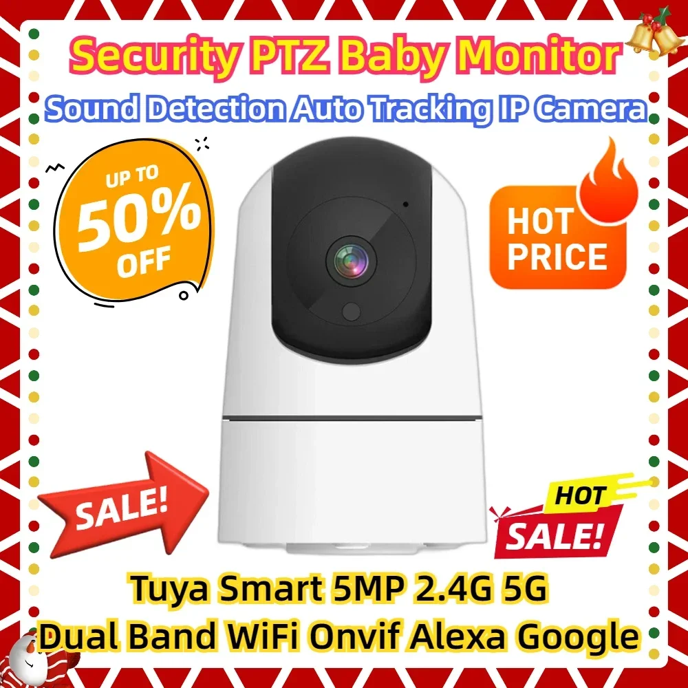 

Sound Detection Auto Tracking IP Camera Tuya Smart 5MP 2.4G 5G Dual Band WiFi Onvif Alexa Google Security PTZ Baby Monitor