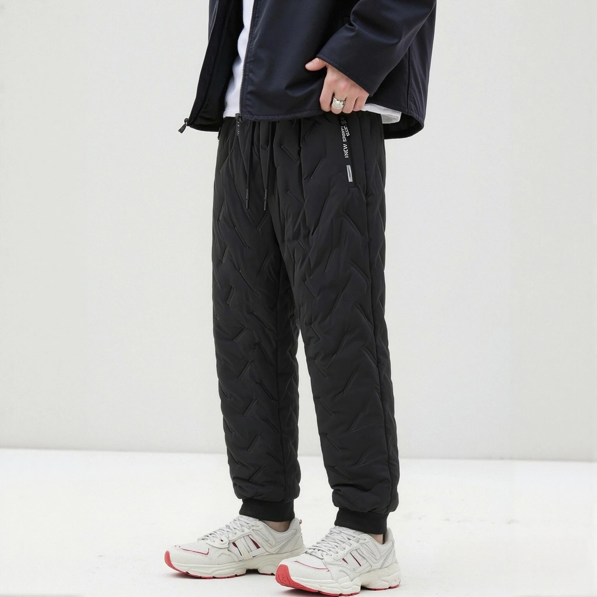 Winter Men Warm Cotton Padded Pants Windproof Drawstring Waist Zipper Pockets Loose Jogger Thermal Trousers