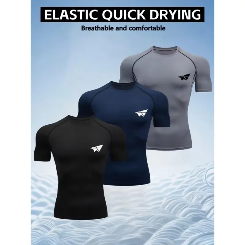 Men's solid-color elastic tights short-sleeved T-shirt with round neck slim fit breathable skin-friendly thin fabric