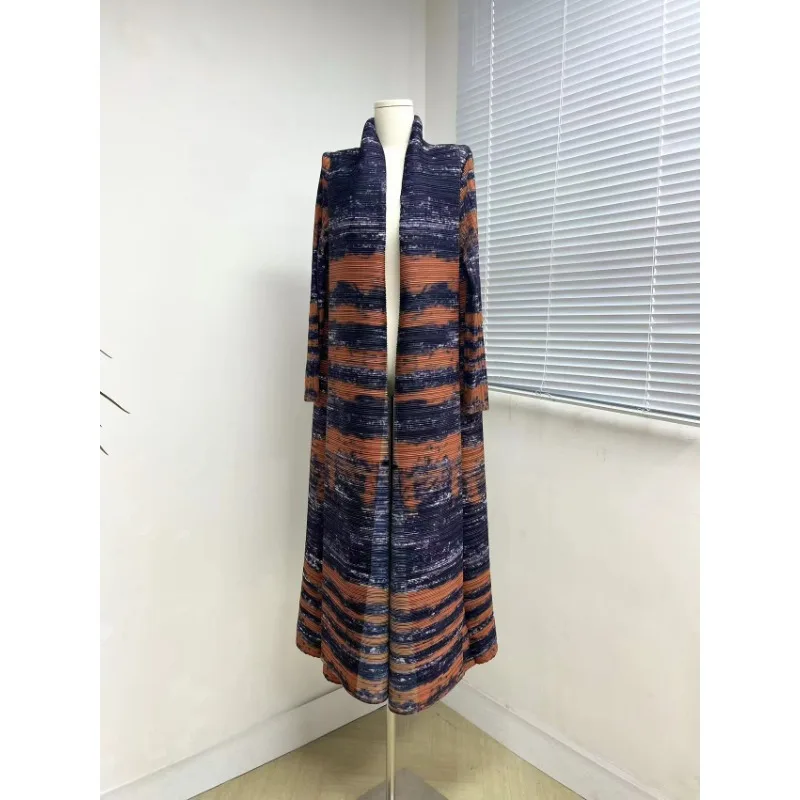 Miyake Pleated High Quality Original Designer Long Coat Autumn/Winter New Vintage Print Plus Size Dress Trench Coat for Women