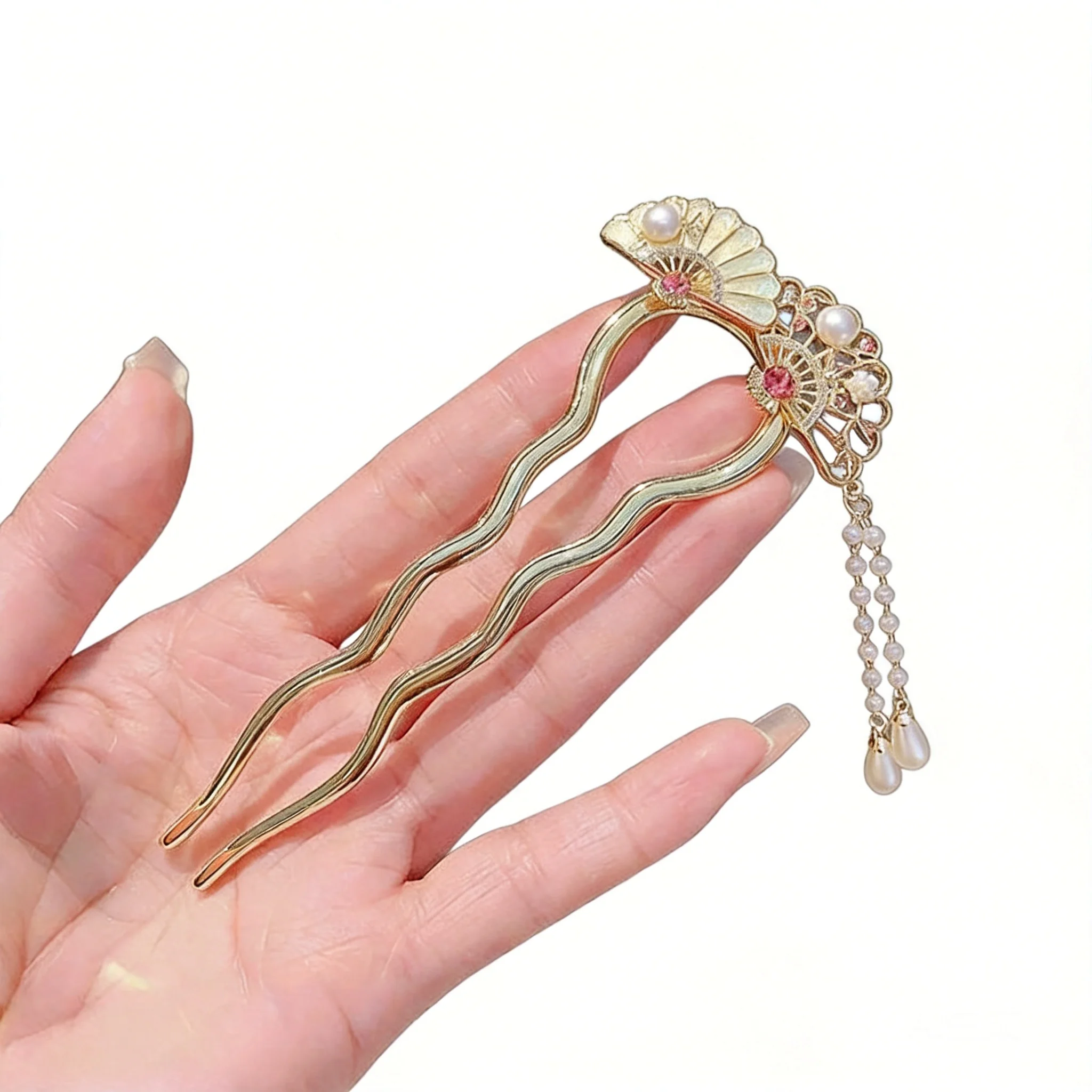 Chinese Style Lucky Auspicious Folding Fan U Shaped Hairpin Pearl Tassel Hair Stick Vintage Hanfu Hair Accessory For Women Bless