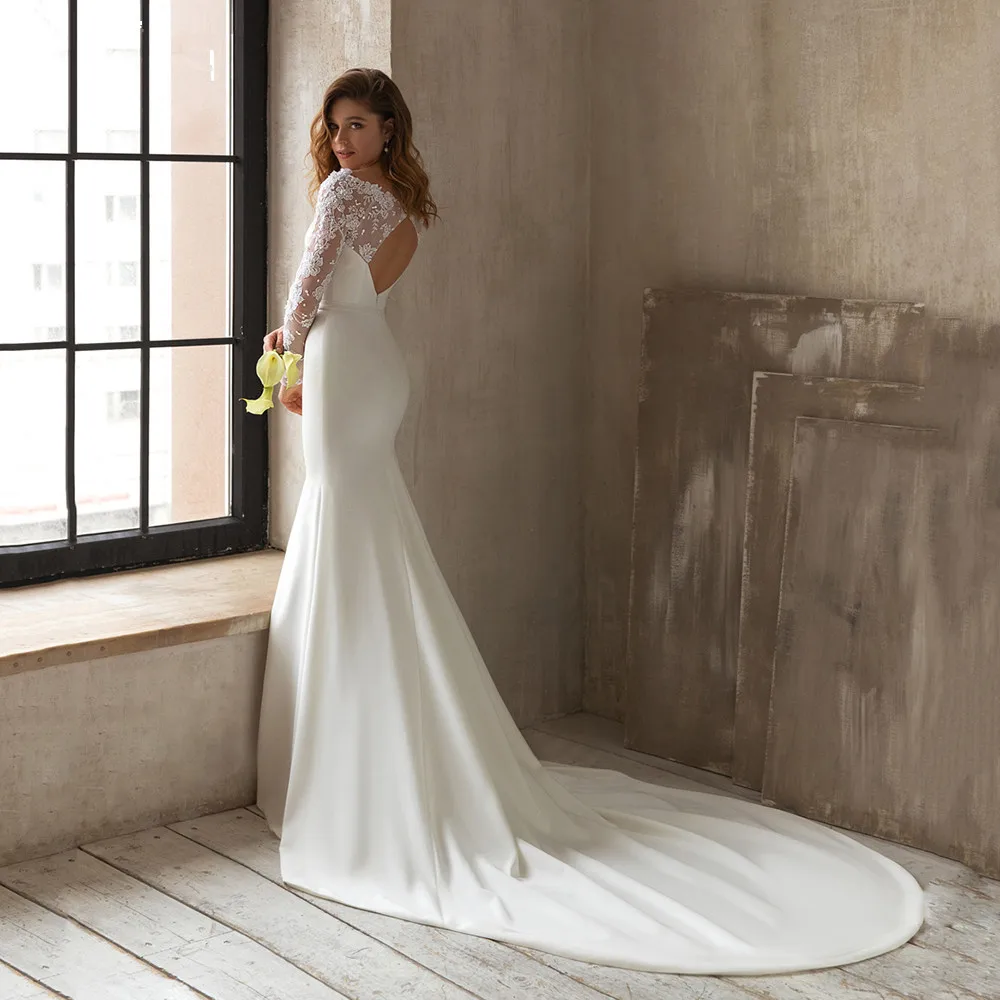 

Lace Long Sleeve Elastic Soft Satin Mermaid Wedding Dress Sexy Backless Boat Neck Bridal Gown Elegant Women vestidos de novia