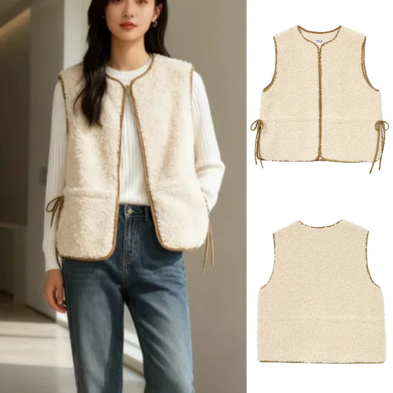 

Женский флисовый жилет из ягненка с регулируемой талией — модный модный сексуальный стиль осени 2025 года