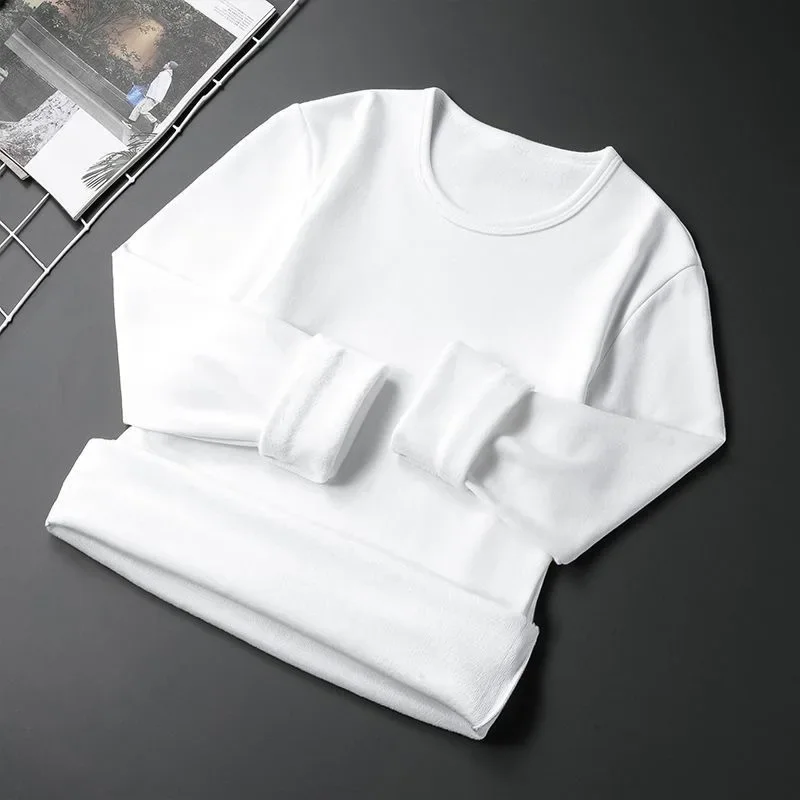Men's Fleece Lined Thickened Long Sleeve T-Shirt round Neck Base Shirt Autumn Clothes Winter Long Sleeve Breathable Casual Wear