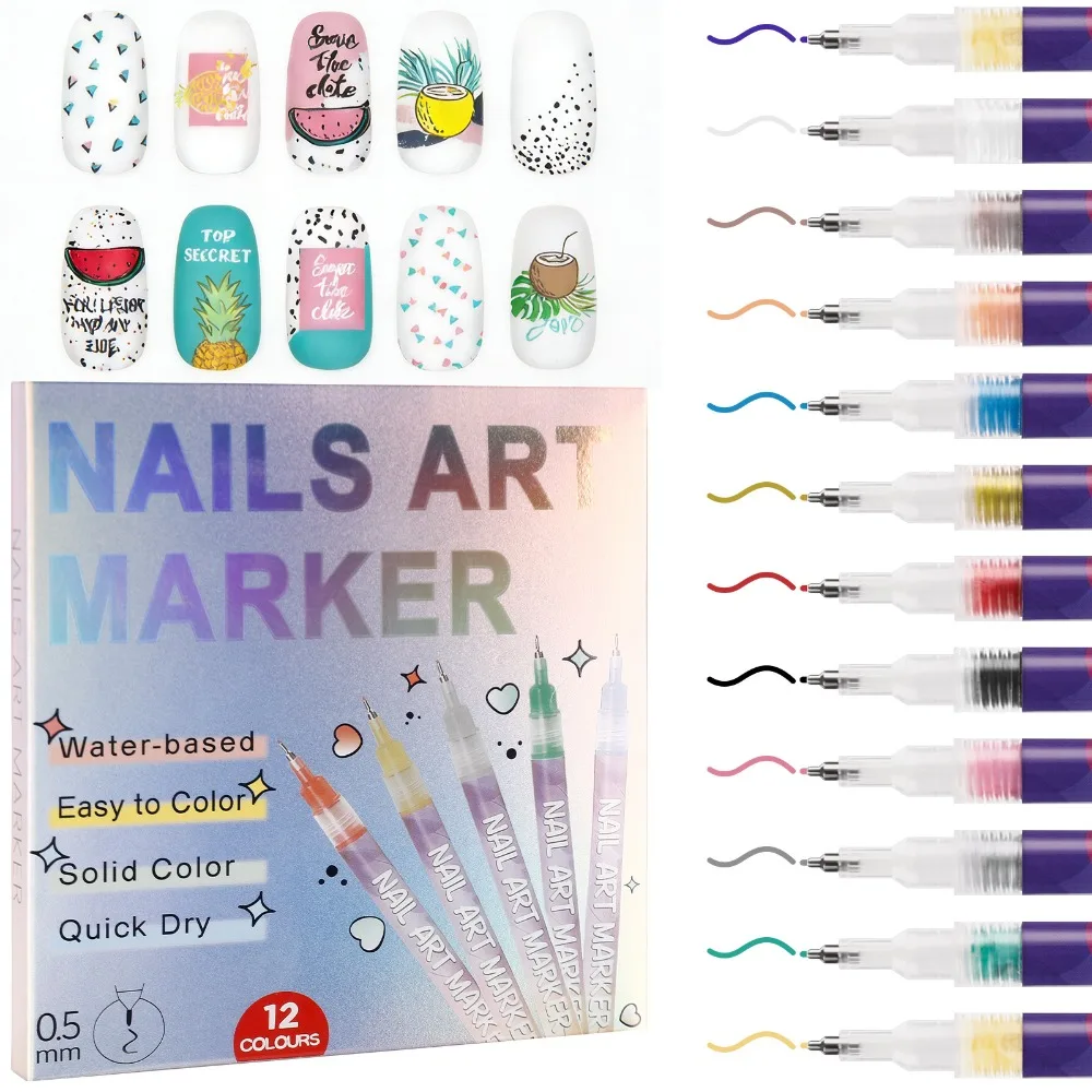 12 Colors Nail Art Pens Set Quick Dry 0.5MM Fine Tip DIY Manicure Tools Acrylic Paint Vibrant Nail Polish Art Kit Beauty Adorn