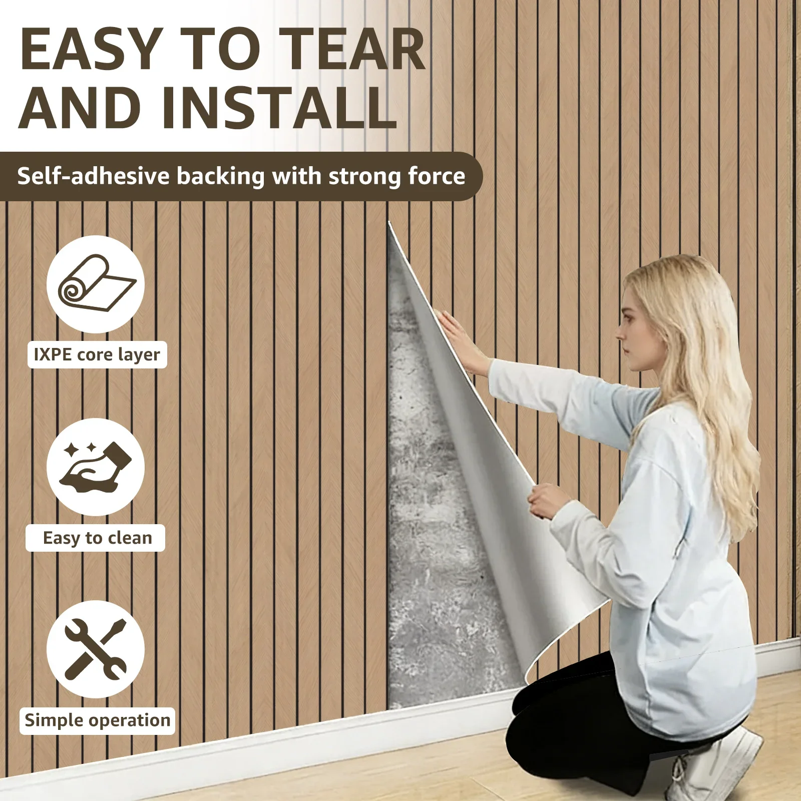 PVC Slat Wall Panel Peel and Stick 40x300CM Artificial Wood Slat Panel Self Adhesive Soundproof 3D Wallpaper for Home Bedroom