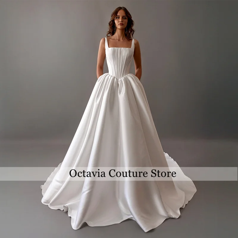 

Simple Satin Wedding Dresses For Woman Bridal Square Collar Sleeveless A-LINE Pleat Vestidos De Novia Boda Customized