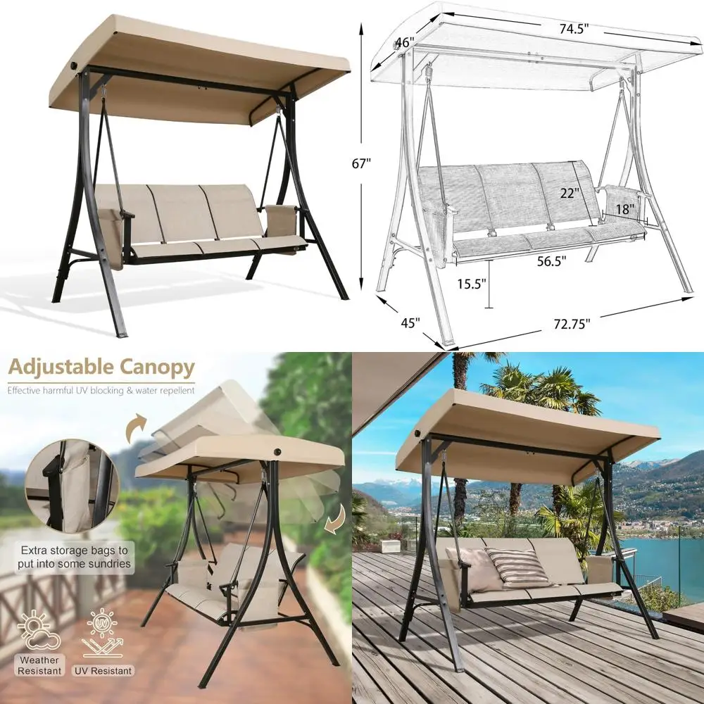 

3-Seat Beige Textilene Outdoor Swing with Glider Stand and Adjustable Canopy