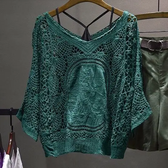 หลวมถักโครเชต์ลูกไม้แขนสั้นตาข่าย Cover Up