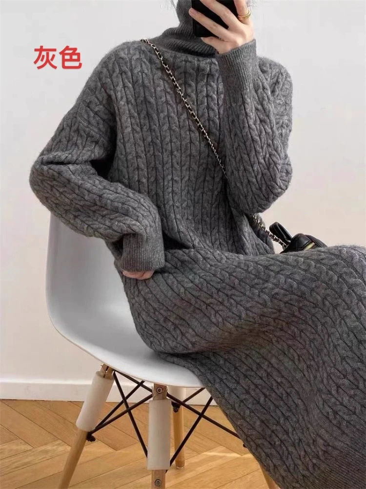 秋冬タートルネックツイストロングセーター女性韓国スタイル膝丈ルーズドレス女性カジュアルグレーニットプルオーバー新