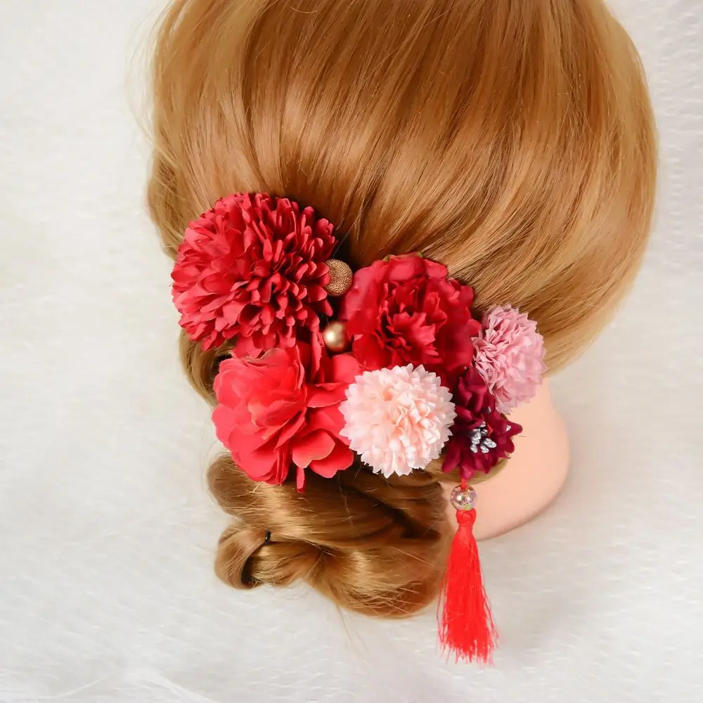 

Japanese Style Flower Hair Forks Flower Cloth Japanese Kimono Hair Clips Handmade Vintage Tassels Hair Stick Yukata Festival