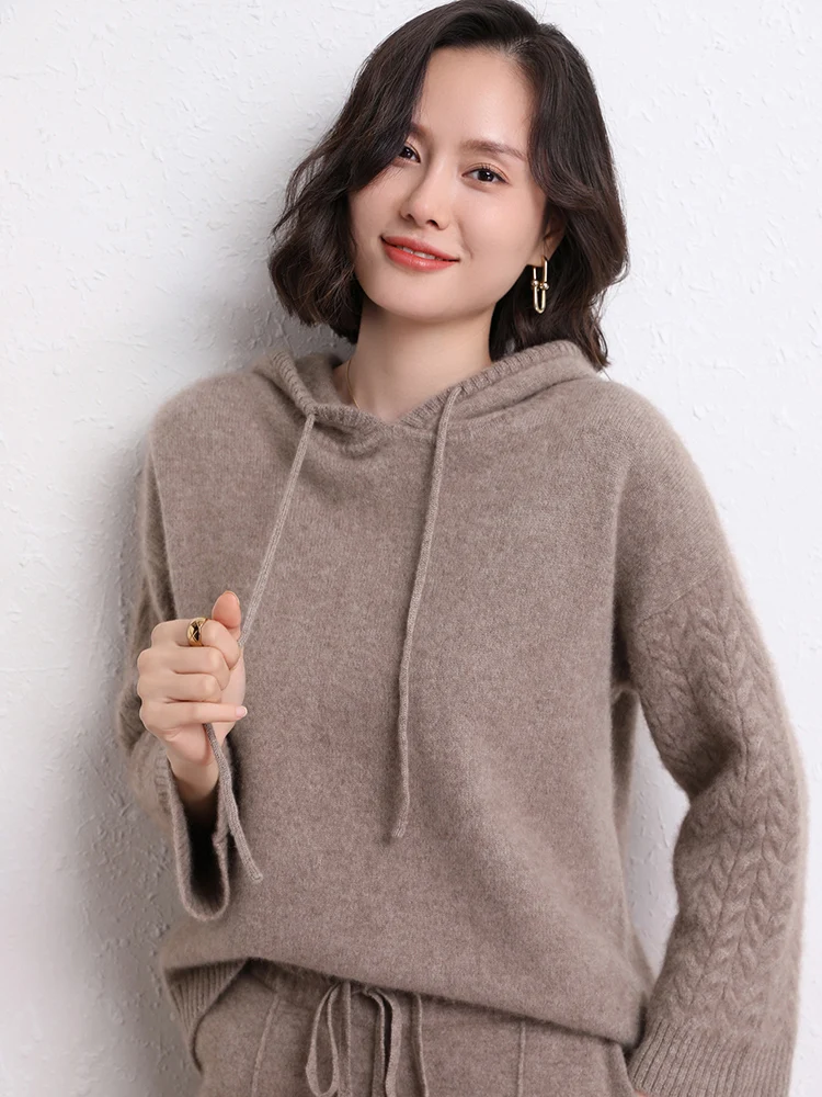 High Quality 100% Cashmere Pullover Hoodie Women Autumn Winter Sweater Twist Soft Warm Knitwear Casual Female Clothing Tops