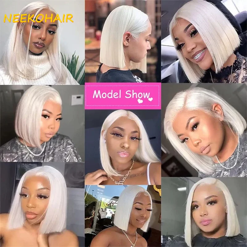 13x4 #60 Color Platinum Blonde Short Bob Wigs Lace Front Wig Human Hair With Pre Plucked Brazilian Ash Blonde Straight  Bob Wig