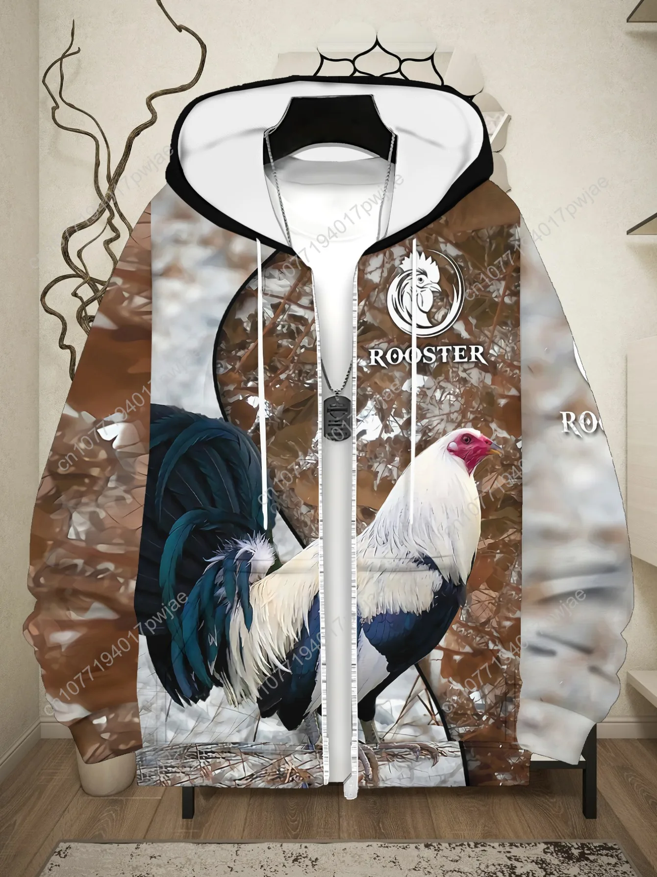 Herren-Kapuzenpullover mit künstlerischem Hahn-Print und Reißverschluss – durchgehendes Grafikdesign, normale Passform mit Kordelzug, Kapuze und Taschen, maschinenwaschbar