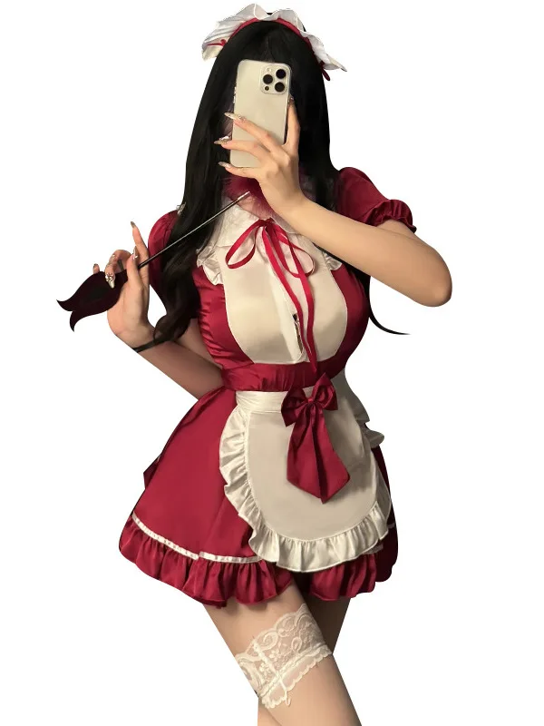 England Style Maid Dress Summer New Vestido Casual Sexy Restaurant Waiters Bow Tie Straps Button Loose Flounce Dress Elegant 0FN