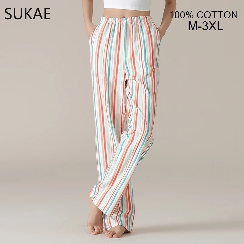 SUKAE 100% Cotton Women Bottoms Autumn Spring Full Pants Plaid Sleepwear Trousers Chic Printing Nightwear M-3XL Woman Homewear