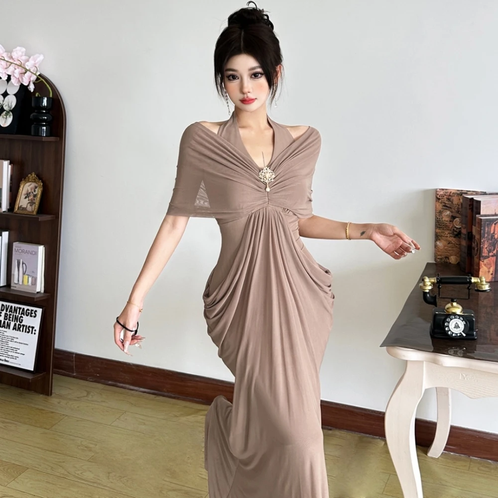 SylCue – robe longue en métal pour femmes, décoration en maille, Patchwork, col licou, dos nu, slim, portefeuille, hanche, bal de promo, froncée, élégante