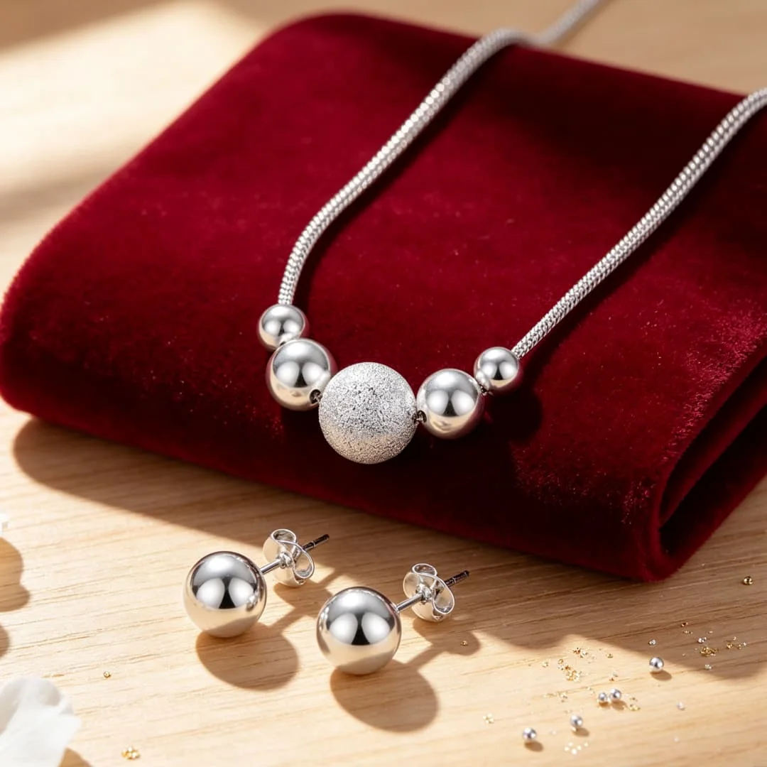 Luxury designer 925 Sterling silver Custom Round beads necklaces earrings stud jewelry sets for women fashion party wedding gift