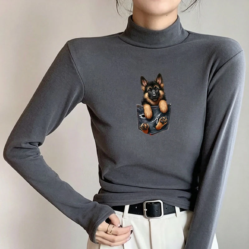 2026 New Autumn Winter Thermal Brushed Fleece Long Sleeve Graphic Print T shirt Blouses Female Warm Shirt Women Top