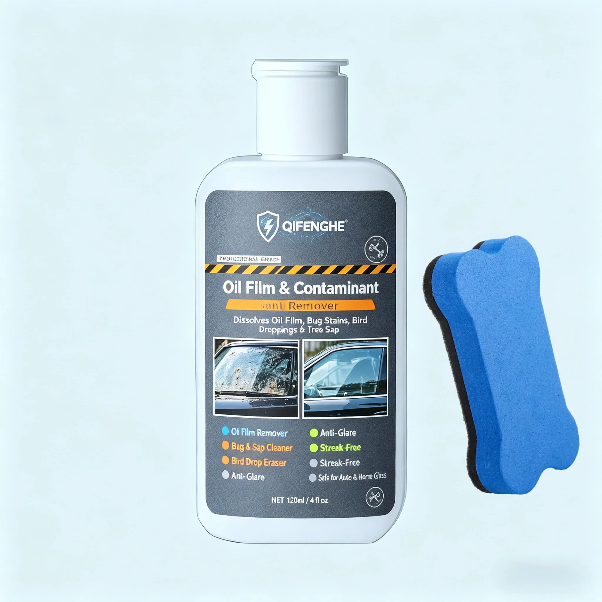 QIFENGHE All-in-One Glass Contaminant Remover – Eliminates Stubborn Oil Film, Bug Splatters, Bird Droppings, Tree Sap – 120ml Bo