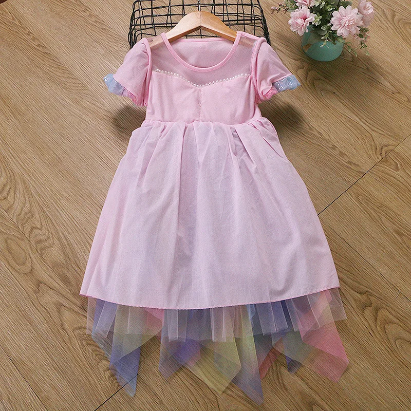 Fotografia 5: Vestido de Algodão Puro para Meninas, Saia de Unicórnio com Barra Larga, Vestido de Princesa Sereia com Mangas Bufantes (versão sem mangas)