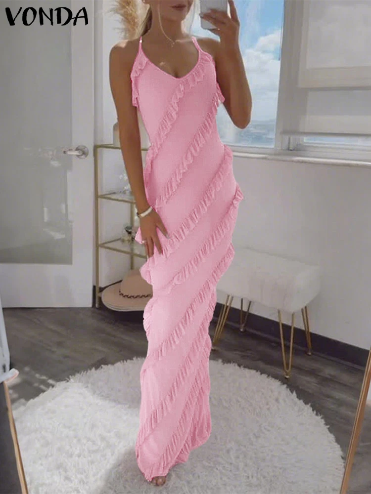 

Sleeveless Evening Party Dress Women Sexy V Neck Summer Sundress 2025 VONDA Fashion Solid Color Strap Vestidos Casual Robe Femme