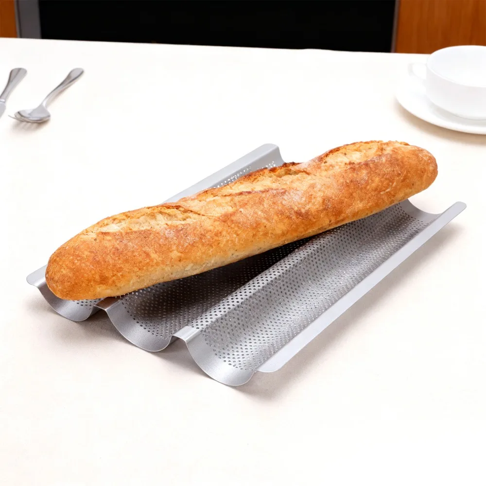 2PCS Carbon Steel Baguette Baking Pan Nonstick Three Channel French Bread Pan Wave Shape Rounded Corner Bread Baking Tray