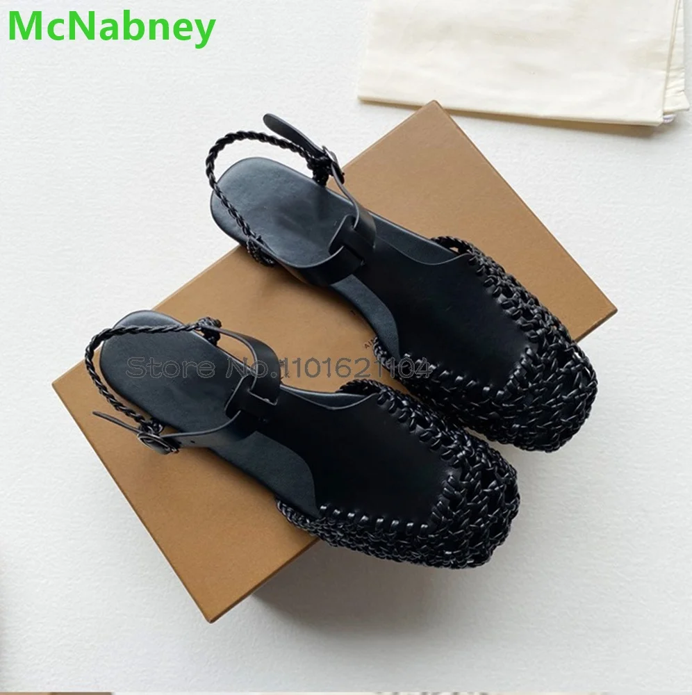 Flat With Square Toe Knitted Sandals For Female Women 2024 Summer New Roman Fisherman's Shoes Ankle Buckle Strap Hollow Footwear