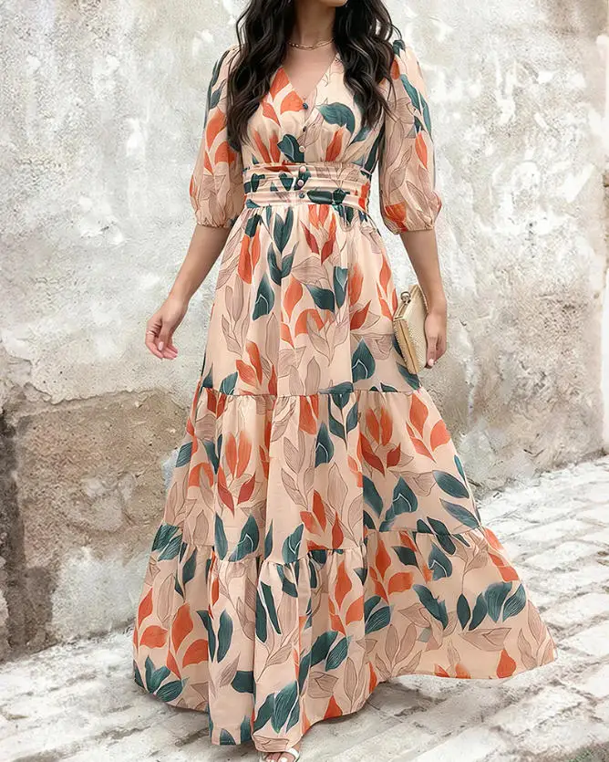 

Women's Dress New Elegant Casual Style Color Blocked Print V-Neck Button Design High Waist A-Line Five Quarter Sleeve Dress