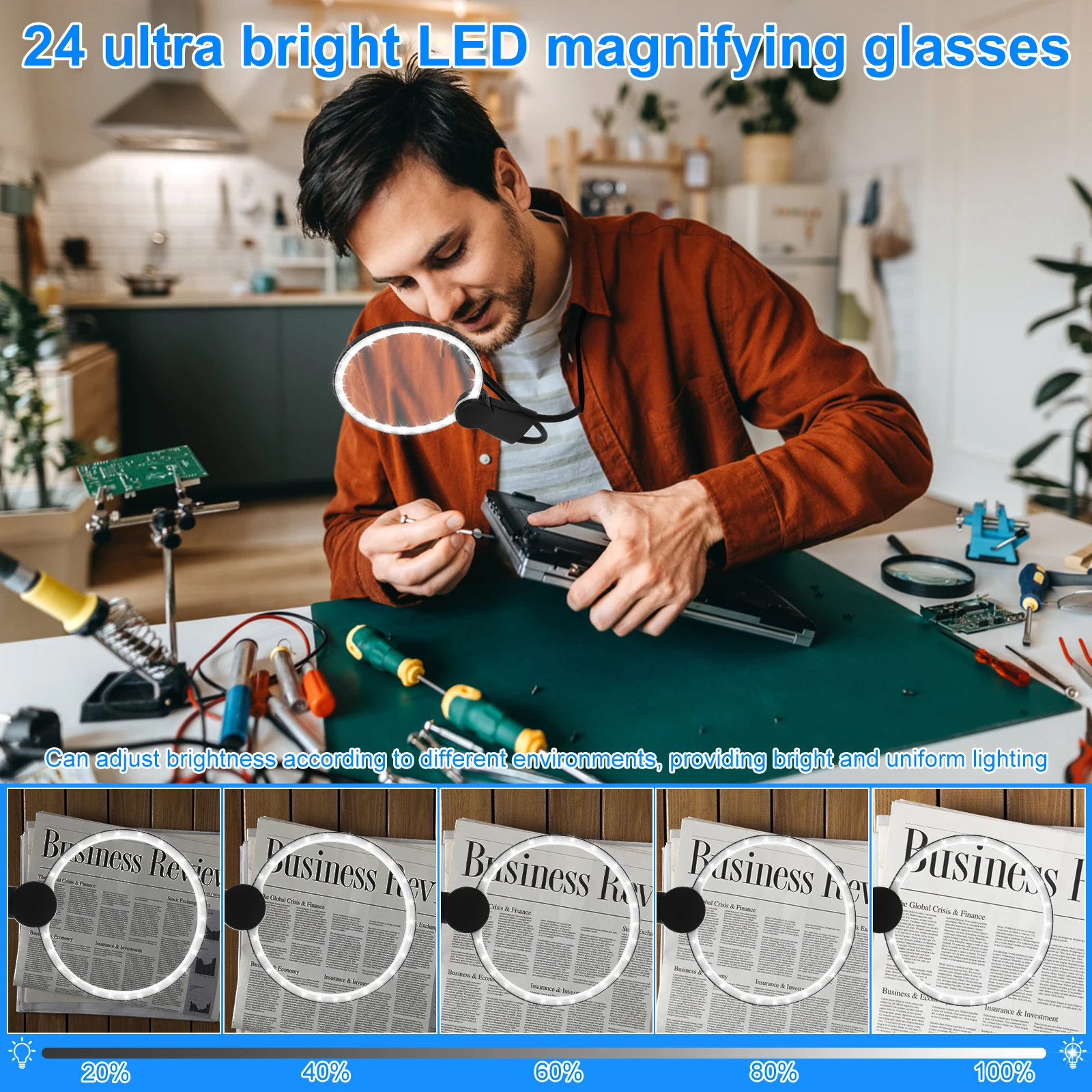 Imagem -04 - Mãos Livres Lupa 5x Dimmable Pescoço Desgaste Lupa 24 Luz Led Ultra Brilhante Usb Portátil para Idosos