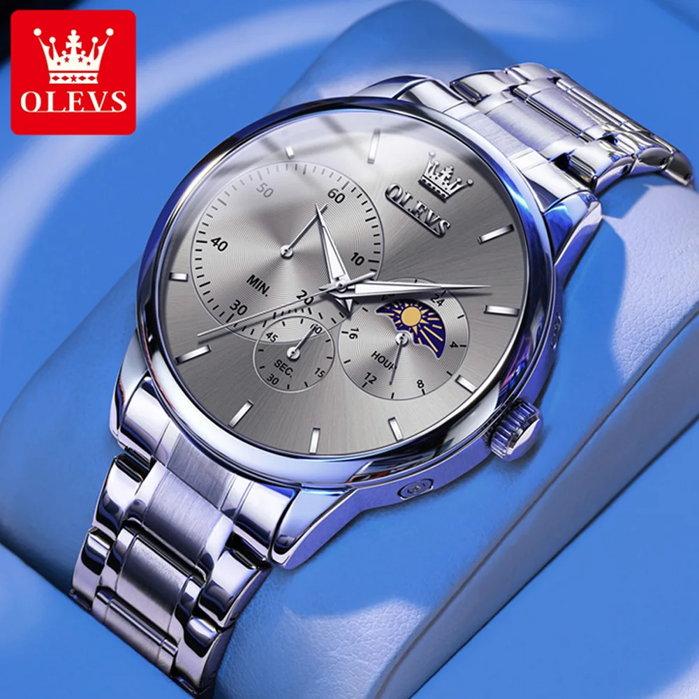 

OLEVS Brand New Fashion Moon Phases Quartz Watch Men Stainless Steel Waterproof Chronograph Luxury Men Watches Relogio Masculino