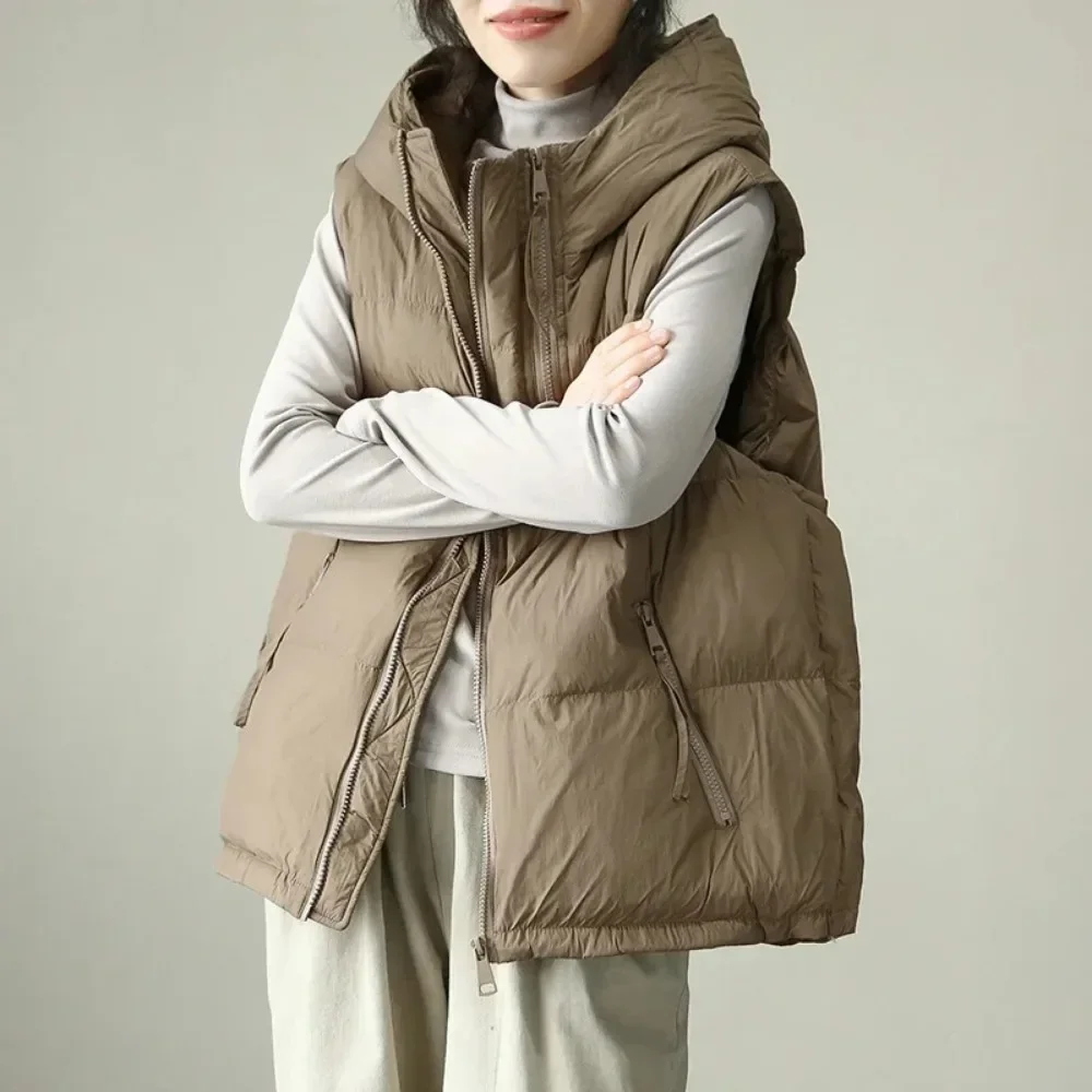 Fashionable Gilet Female 2024 Autumn Winter New Women White Duck Down Vest Hood Warm Over Size Casual Sleeveless Jacket