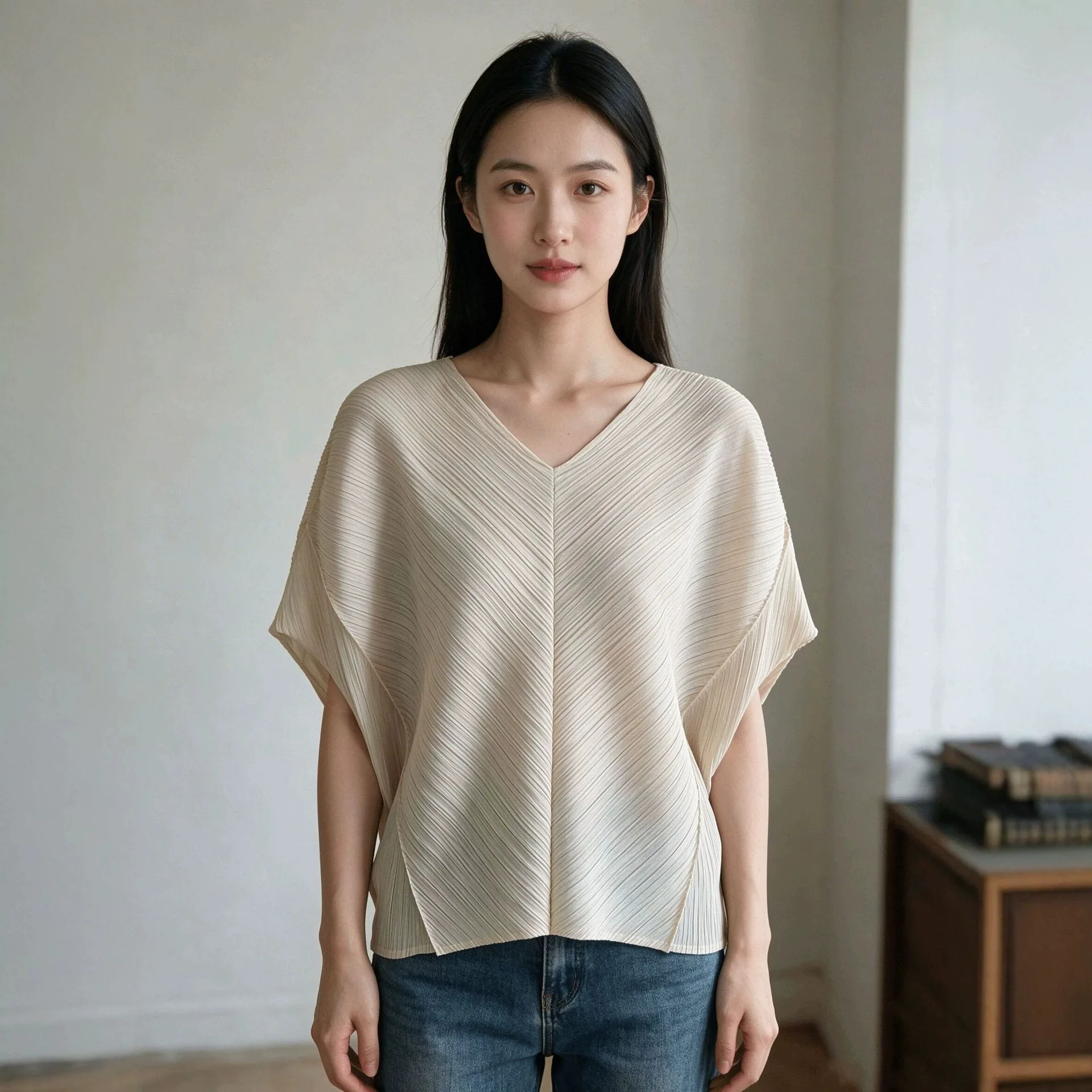 Miyake Pleated Women's Textured Cape Top V Neck Batwing Sleeve Loose Irregular Hem Stretch Summer Layering T-shirt