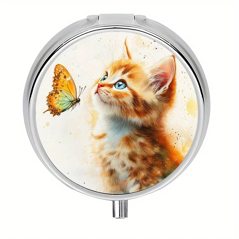 Single pack, 3-compartment wallet-style pill organizer, featuring cat and butterfly designs, portable travel pill and vitamin storage box, home portable medicine storage box, ideal for travel - can be placed in a wallet or purse, colorful pill and jewelry organizer