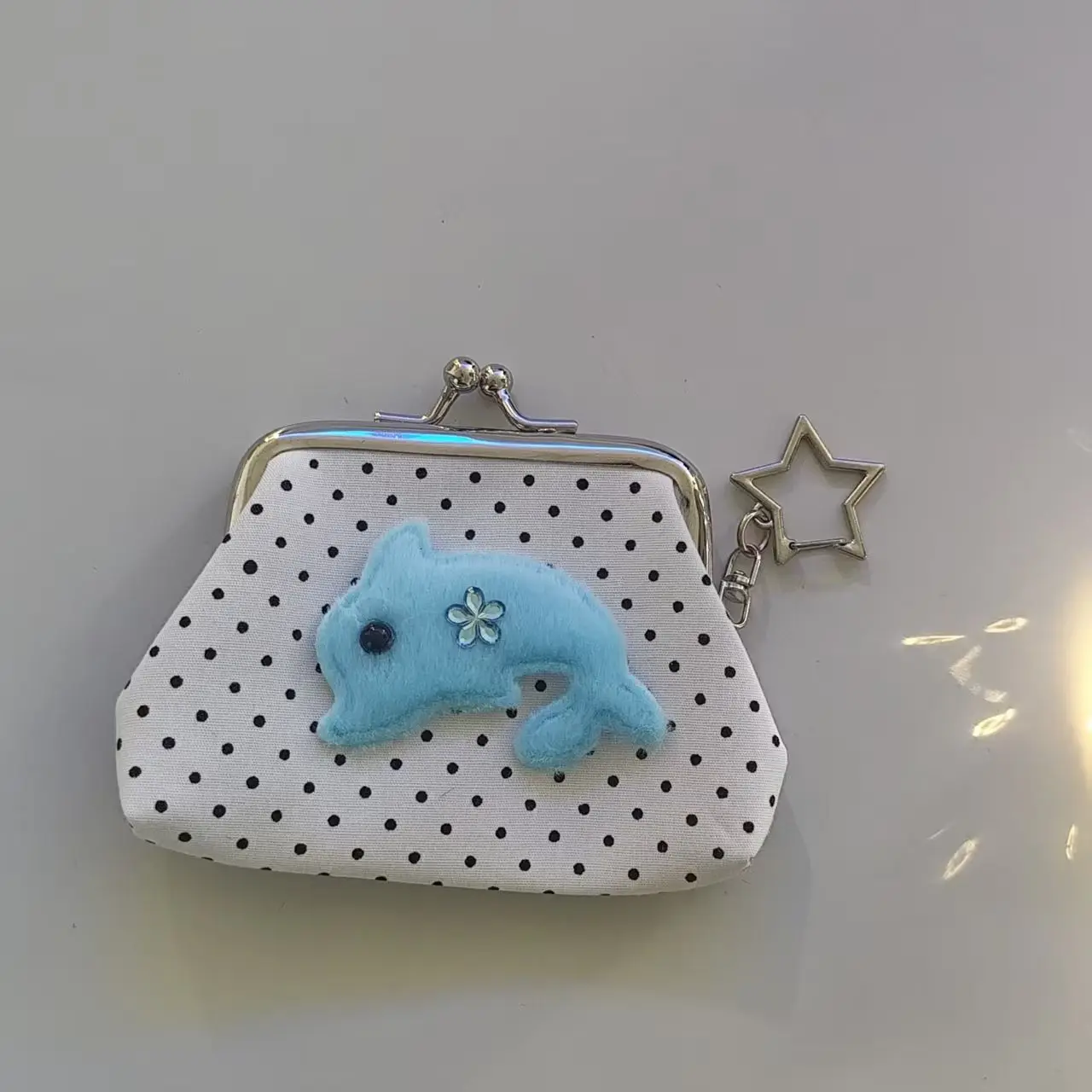 Plush Dolphin Kiss Lock Coin Purse Polka Dot Mini Clutch Bag Star Keychain Small Wallet Girls Lipstick Earphone Storage Pouch