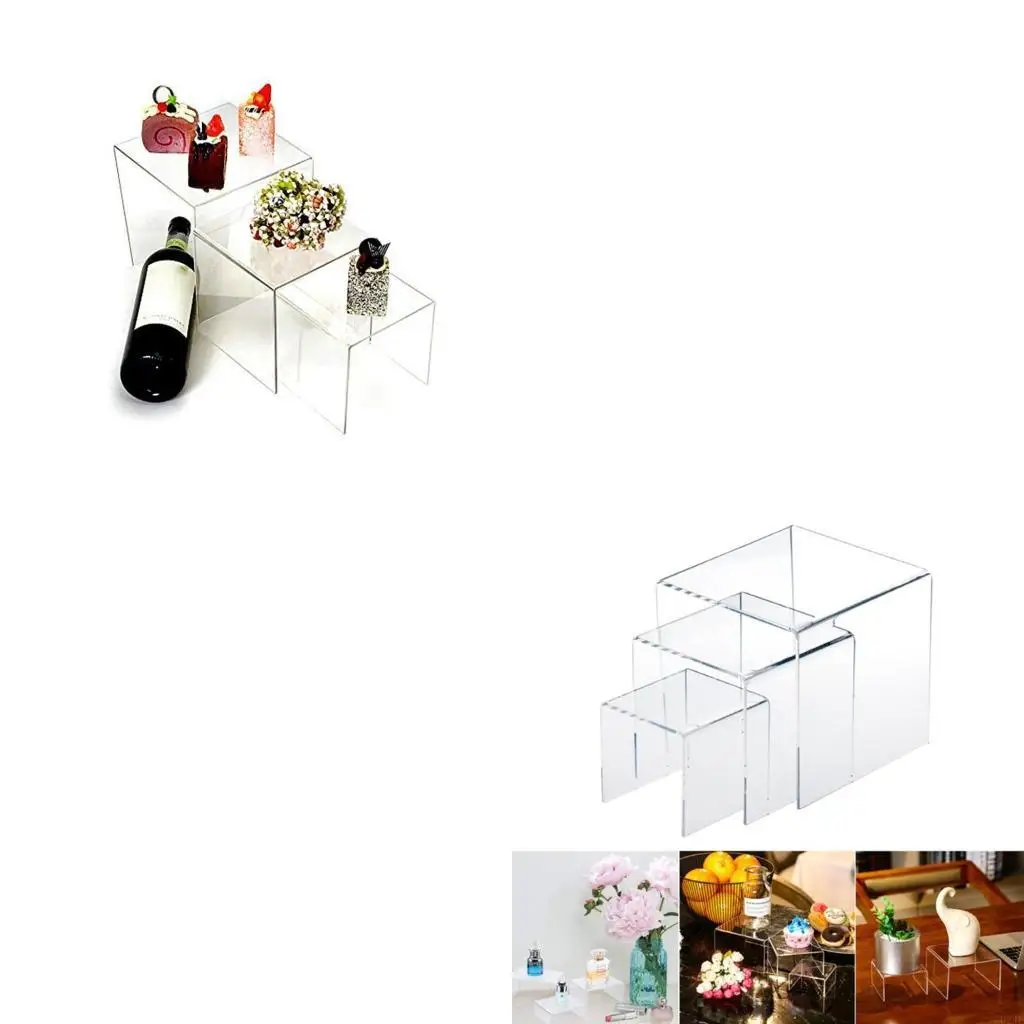 

Acrylic Display Risers Clear Stand Set of 3 Low Profile Tiered for Showcasing Dessert Retail & Home Decoration