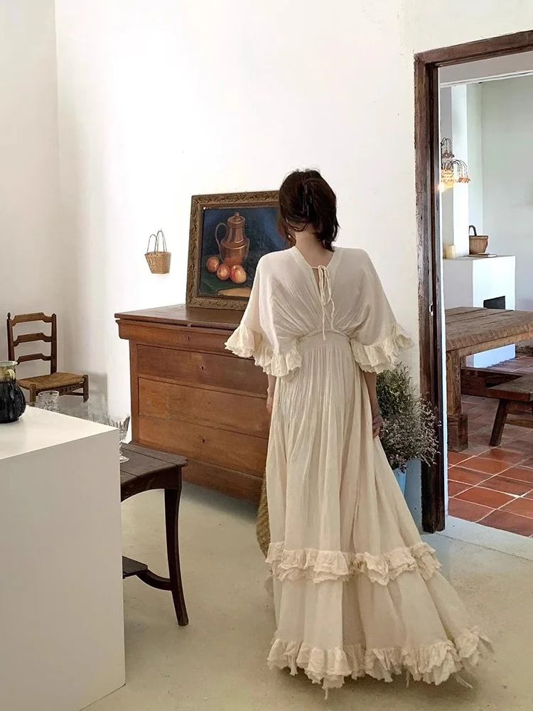 Système de forêt rétro lourd v-ne taille haute Dr printemps été grande jupe ourlet vacances femmes Dr Long Sle trajet vent