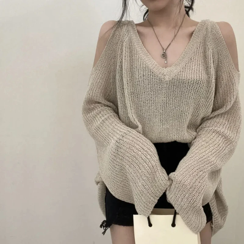 Temperament Knitting Off Shoulder Tops Tees Summer New Long Sleeve Loose Hollow Out Fashion T Shirts Trend Casual Women Clothing